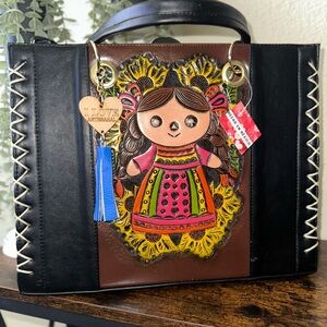 Hand-Painted Folk Doll Leather Tote - Black, Brown, Pink, Yellow